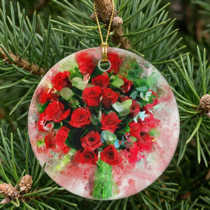 Red Roses Bouquet Watercolor on White Background Ceramic Ornament