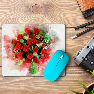 Red Roses Bouquet Watercolor on White Background Mouse Pad