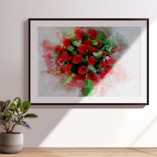 Red Roses Bouquet Watercolor on White Background Photo Print