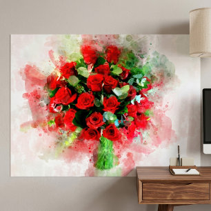 Red Roses Bouquet Watercolor on White Background Poster