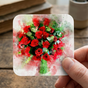 Red Roses Bouquet Watercolor on White Background Square Sticker