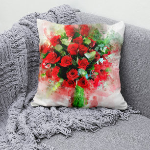 Red Roses Bouquet Watercolor on White Background Throw Pillow
