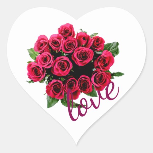 Red Roses Bouquet with Love on White Heart Sticker