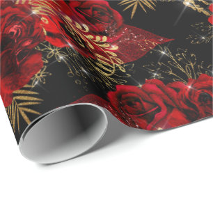 Red Roses Bunch  Foil Floral Glitter Gold Black6 V Wrapping Paper