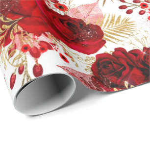 Red Roses Bunch Sparky  Floral Glitter Gold White Wrapping Paper