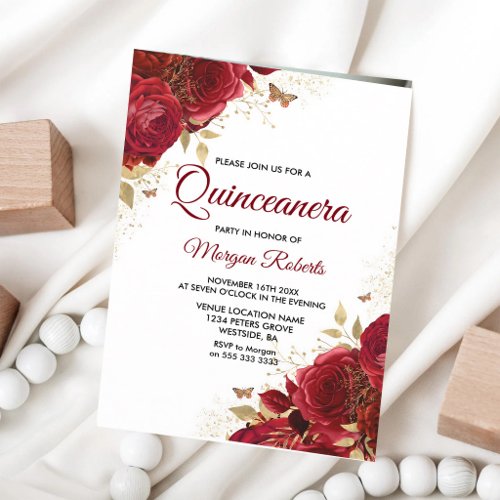 Red Roses Butterflies Quinceanera 15th Birthday Invitation
