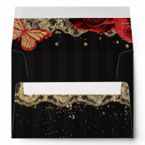 Red Roses Butterfly Black Gold Lace Envelope