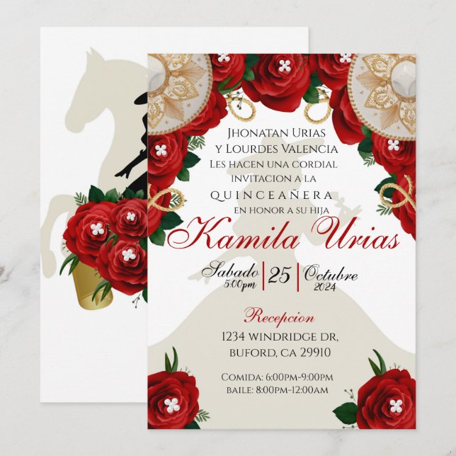 Red Roses Charra Quinceañera Invitation (Front/Back)