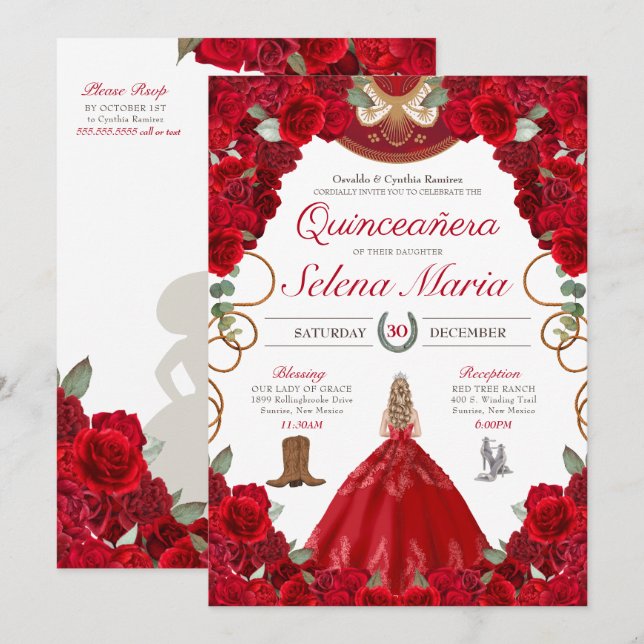 Red Roses Charro Elegant Peonies Rose Quinceanera Invitation (Front/Back)