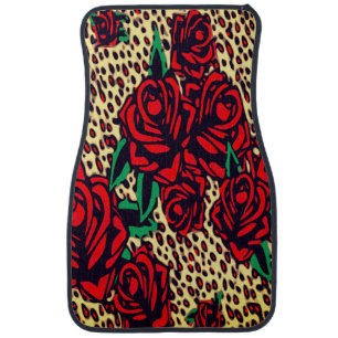 Red Roses Cheetah Leopard Print Safari Car Floor Mat