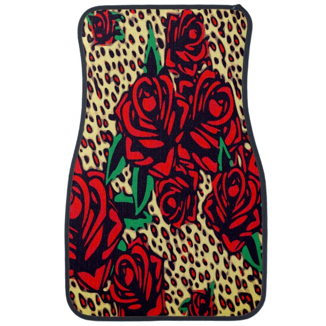 Red Roses Cheetah Leopard Print Safari Car Floor Mat (Front)