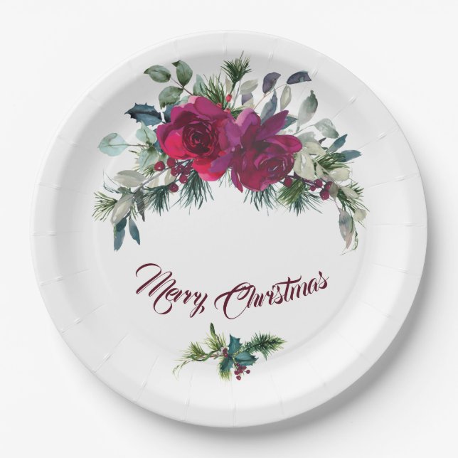 Red Roses Christmas Bouquet Paper Plates (Front)