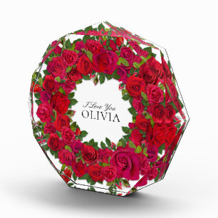 Red Roses Circular Wreath Custom Text Acrylic Award