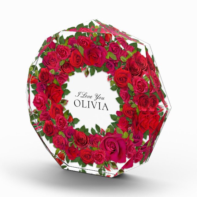 Red Roses Circular Wreath Custom Text Acrylic Award (Right)