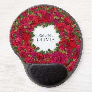Red Roses Circular Wreath Custom Text Gel Mouse Pad