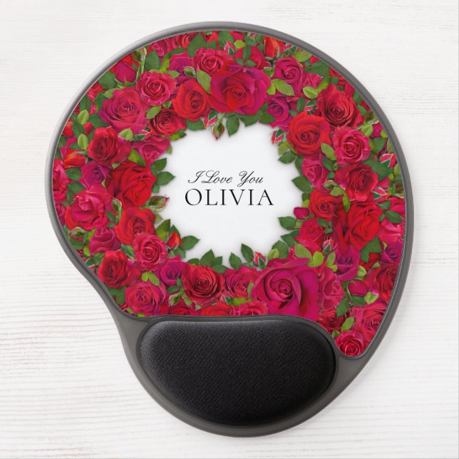 Red Roses Circular Wreath Custom Text Gel Mouse Pad (Front)