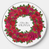Red Roses Circular Wreath Custom Text Wireless Charger (Front)