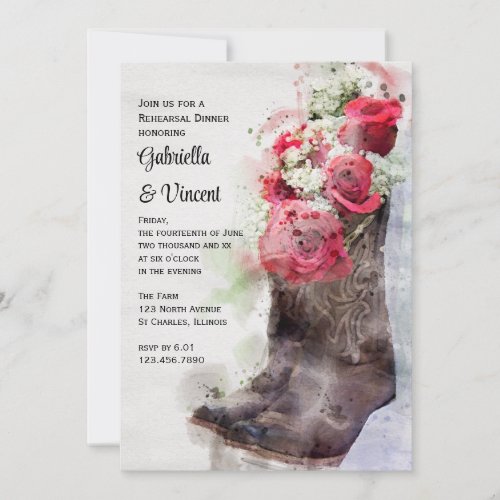 Red Roses Cowboy Boots Wedding Rehearsal Dinner Invitation
