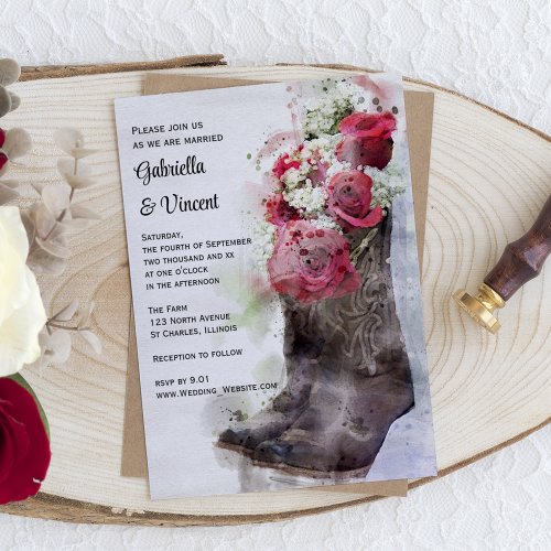 Red Roses Cowboy Boots Western Watercolor Wedding  Invitation