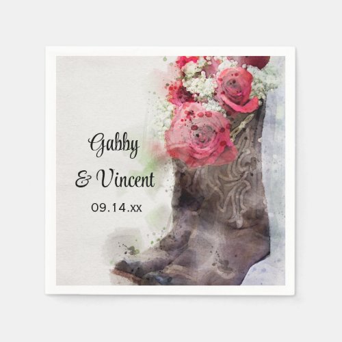 Red Roses Cowboy Boots Western Wedding Watercolor Napkins