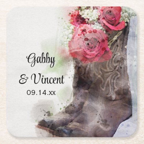 Red Roses Cowboy Boots Western Wedding Watercolor Square Paper Coaster