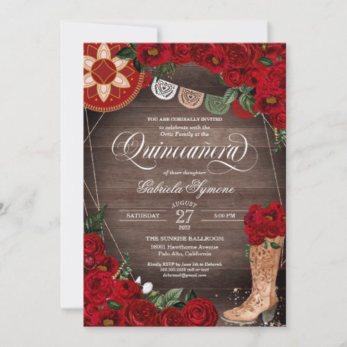 Red Roses Cowgirl Boots Western Charro Quinceaera Invitation