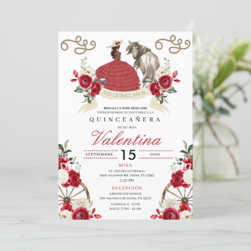 Red Roses Cowgirl Western Mariachi Quinceaera Invitation