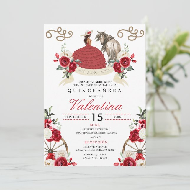 Red Roses Cowgirl Western Mariachi Quinceañera Invitation (Standing Front)