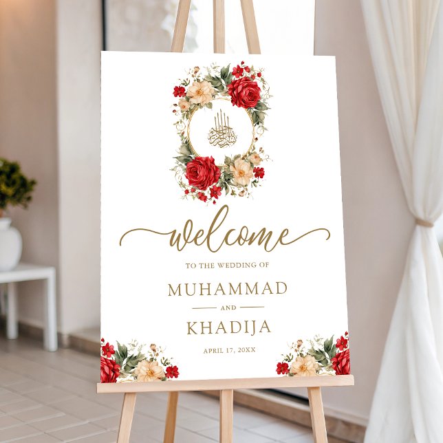 Red Roses Cream Gold Muslim Wedding Welcome Sign (Creator Uploaded)