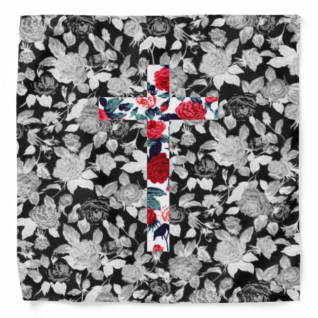 Red Roses Cross & Black and White Floral Pattern Bandana (Front)