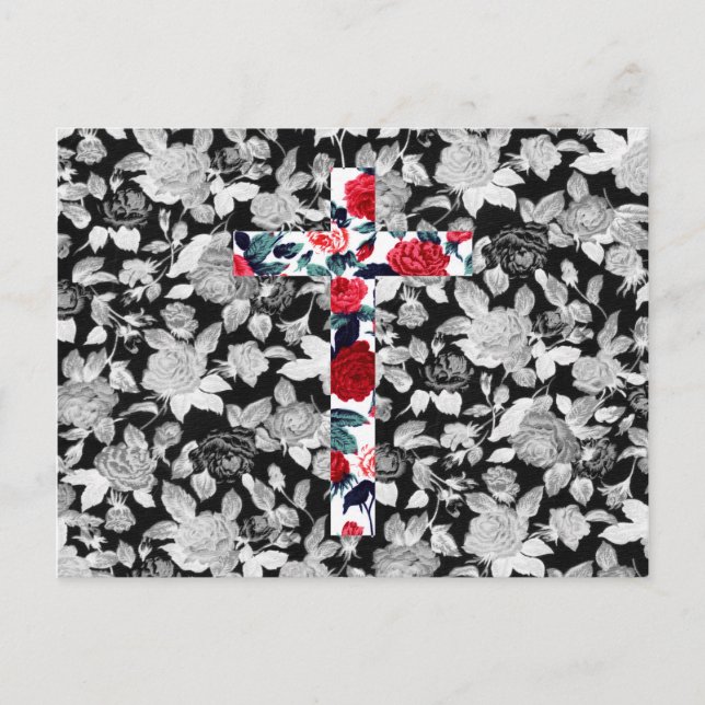 Red Roses Cross & Black and White Floral Pattern Postcard (Front)