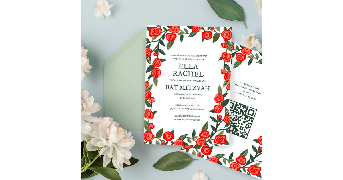 Red Roses Custom Bat Bar Mitzvah QR Code Girl Invitation | Zazzle