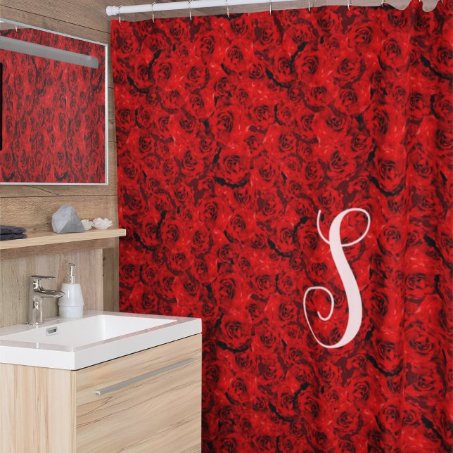 Red Roses Custom Monogram Shower Curtain (Creator Uploaded)