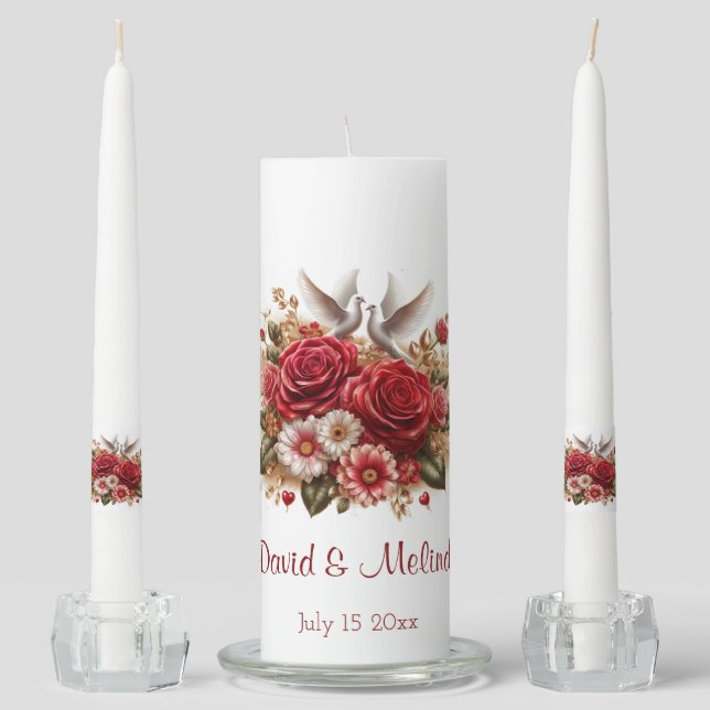 Red Roses, Daisies and Doves Unity Candle Set (Front)