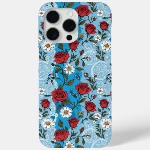 Red Roses Daisies and Lace Light Blue iPhone 15 Pro Max Case