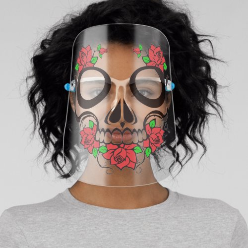 red roses day of the dead sugar skull face shield
