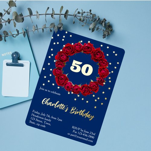 Red roses deep blue background with glitter stars foil invitation