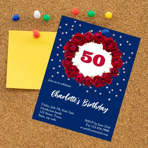 Red roses deep blue background with glitter stars  invitation
