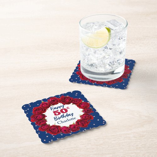 Red roses deep blue background with glitter stars  square paper coaster
