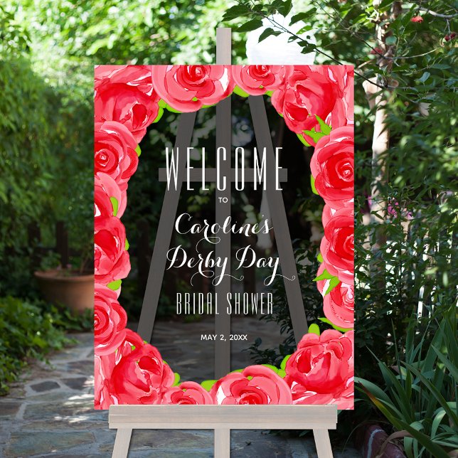 Red Roses Derby Style Bridal Shower Welcome Acrylic Sign (Red Roses Derby Style Bridal Shower Smoky Transparent Black Acrylic Welcome Sign)