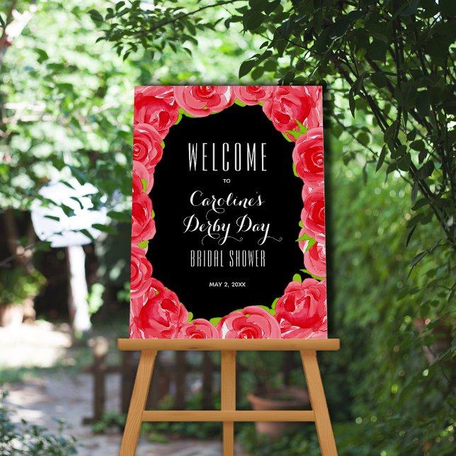 Red Roses Derby Style Bridal Shower Welcome Foam Board (Bridal shower Welcome red roses foam board sign has "THANK YOU" message on the back.)