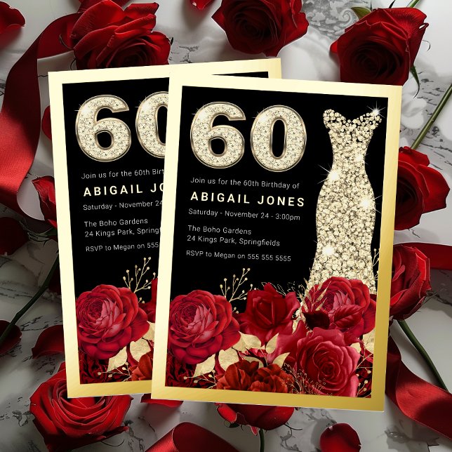 Red Roses Diamond Dress 60th Birthday Golden Foil Invitation (Creator Uploaded)