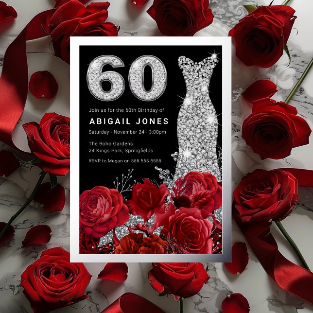 Red Roses Diamond Dress 60th Birthday Silver  Foil Invitation (Creator Uploaded)