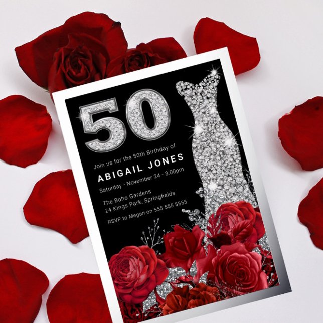 Red Roses Diamond Gown 50th Birthday Real Silver  Foil Invitation (Creator Uploaded)