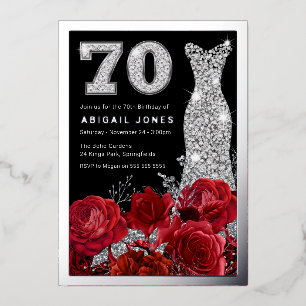 Red Roses Diamond Gown 70th Birthday Real Silver Foil Invitation