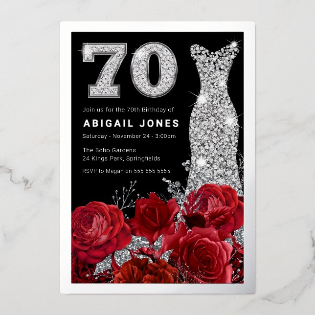Red Roses Diamond Gown 70th Birthday Real Silver  Foil Invitation (Front)