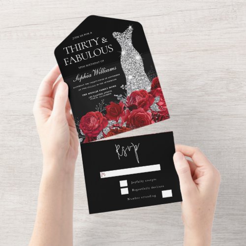 Red Roses Diamond Gown Black 30th Birthday Party All In One Invitation