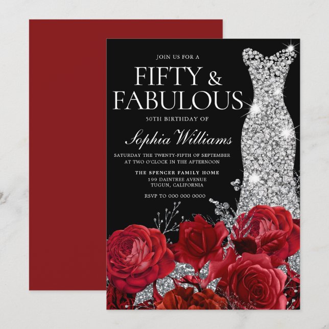 Red Roses Diamond Gown Black 50th Birthday Party Invitation | Zazzle