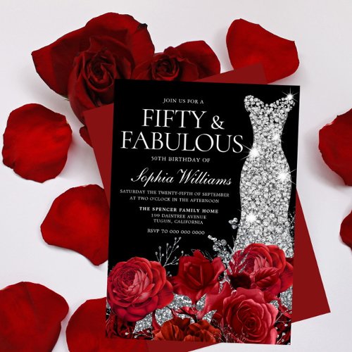 Red Roses Diamond Gown Black 50th Birthday Party Invitation