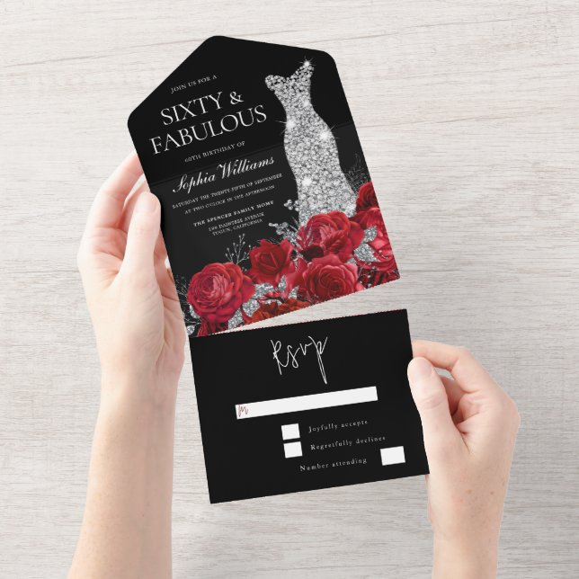Red Roses Diamond Gown Black 60th Birthday Party All In One Invitation (Tearaway)